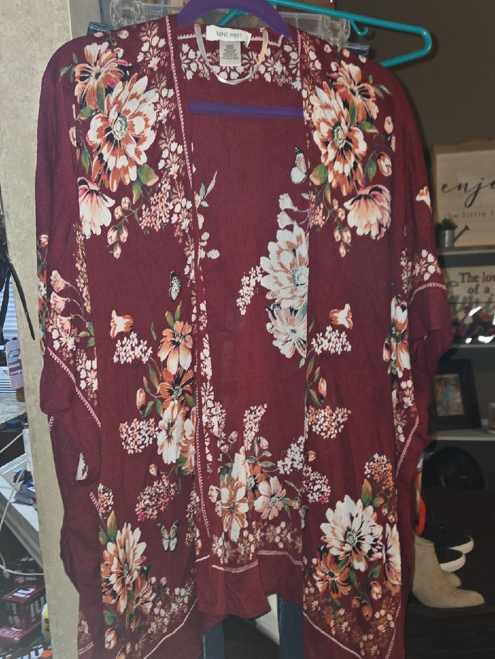 Nine West Burgundy Floral Open-Front Kimono